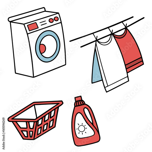 Washing machine clothes basket detergent bottle drying vector