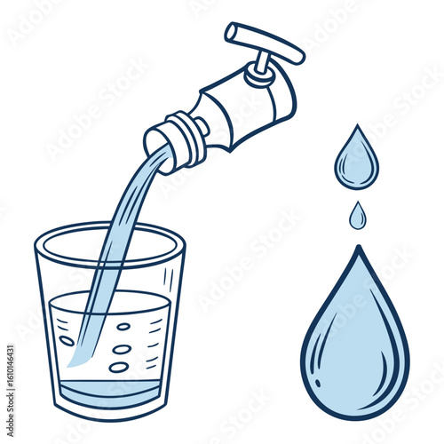 Water pouring from faucet into glass with droplets vector