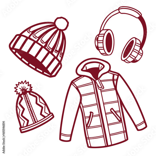 Winter apparel collection maroon outline winter clothing earmuffs