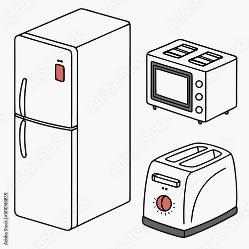 White refrigerator microwave and toaster with red accents kitchen appliances home appliances