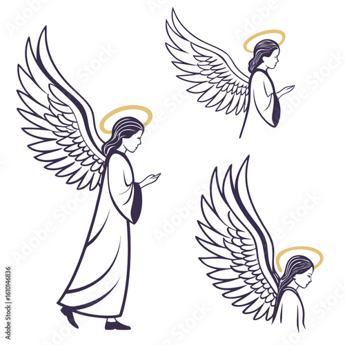 Winged figures with halos and flowing robes angel angelic