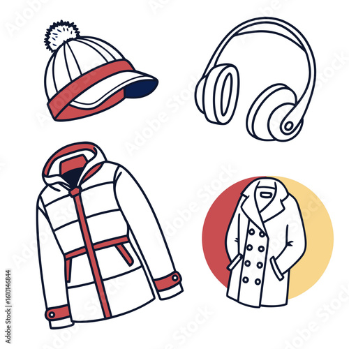 Winter apparel collection with hat coat and earmuffs winter gear puffer jacket