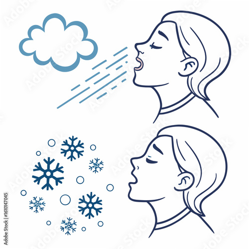 Woman exhaling cold air and snowflakes breath