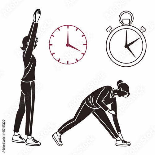 Women stretching and warming up with clocks and stopwatch warm up exercise