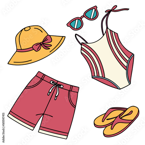 Yellow hat pink shorts swimsuit sunglasses flip flops summer clothing beachwear