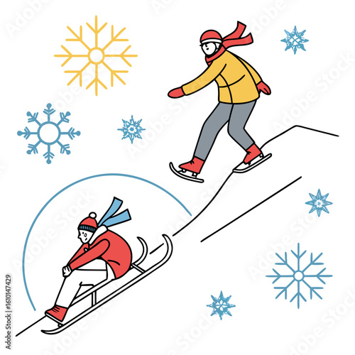 Yellow jacket skater and red sled rider with snowflakes winter skating