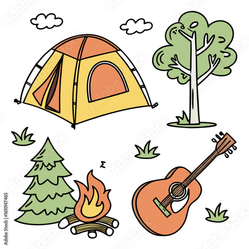 Yellow orange tent green trees campfire guitar clouds camping summer
