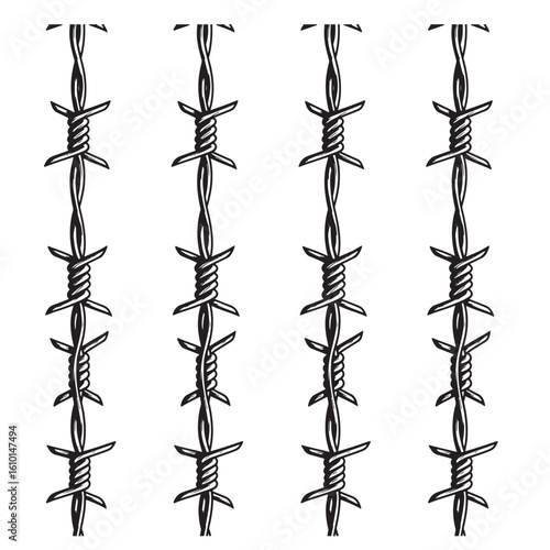 Vintage art black and white barbed wire lines seamless pattern on white background