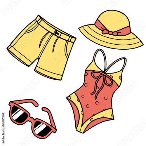 Yellow shorts coral swimsuit polka dot swimsuit yellow hat coral sunglasses summer clothing