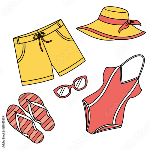 Yellow shorts coral swimsuit striped flip flops sun hat sunglasses summer clothing
