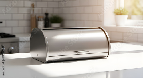 A silver bread box on the kitchen counter, clean look