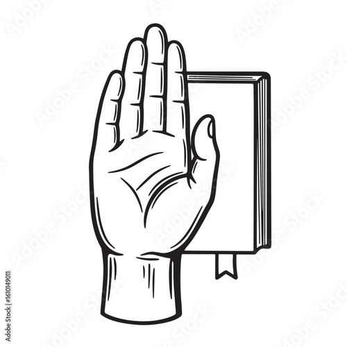 Vintage art of a hand raised in oath with a book and a bookmark