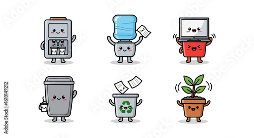 Cute cartoon office supplies and items, including a water cooler, coffee machine, trash can, laptop, and plant.