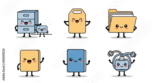 A charming set of six kawaii office supply characters, including a filing cabinet, folder, and stamp, all with happy, smiling faces.