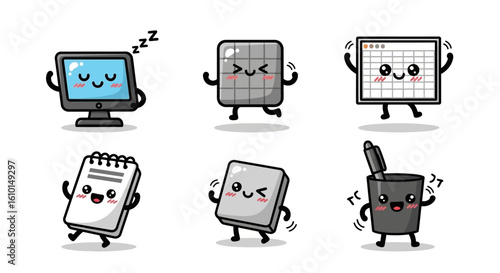 Adorable anthropomorphic office supplies, including a sleeping computer, dancing calendar, happy spreadsheet, cheerful notepad, energetic eraser, and lively ...
