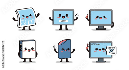 A collection of cute kawaii office and technology character mascots, including computers and documents.