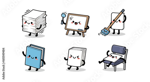 Six cartoon paper characters are depicted: a stack, a whiteboard, sweeping, a book, walking, and sitting in a chair.
