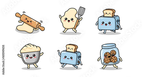 Adorable cartoon characters of baking ingredients and tools, including a rolling pin, dough, toast, and cookies in a jar, all depicted with happy faces.