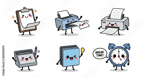 Adorable office supplies personified as cute cartoon characters, showcasing a printer, clipboard, stapler, paper cutter, and alarm clock.