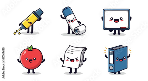 Six cute cartoon school supplies with smiling faces: a highlighter, tape, whiteboard, tomato, paper stack, and a binder.
