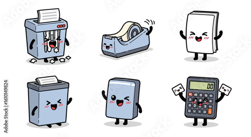 Cute cartoon office supplies, including a paper shredder, tape dispenser, notepad, wastebasket, and calculator, in a stylized design.
