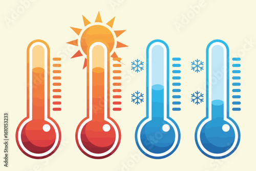 Thermometers showing hot and cold temperatures with sun and snowflakes