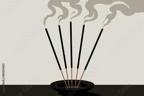 Multiple lit incense sticks burning and releasing smoke in a holder