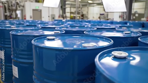 Rows of blue metal barrels filling a warehouse, creating a repetitive pattern with industrial feel