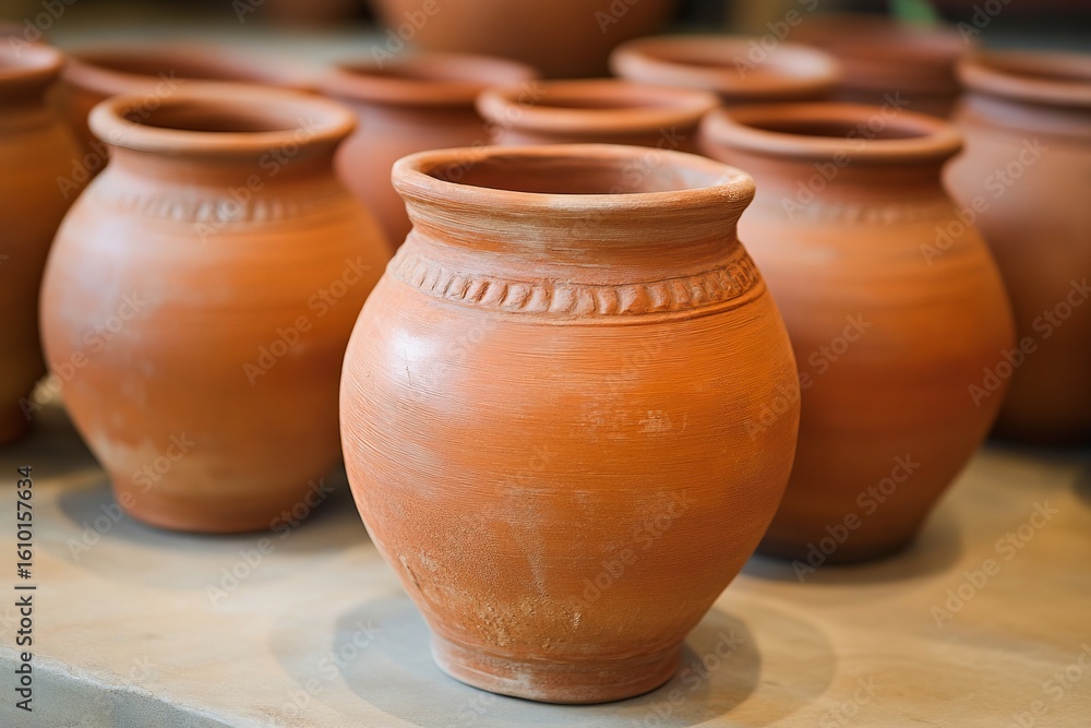 Handcrafted terracotta clay pots with natural textures and traditional shapes in artisan pottery workshop Handcrafted terracotta clay pots with natural textures and traditional shapes in artisan pottery workshop