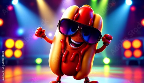 Hot Dog Rockstar A Fun 3D Render of a Cool Hot Dog Performing on Stage