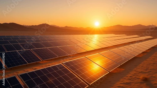 Zero carbon energy source. Solar panel sunset desert renewable energy solar farm mountain sunlight sustainable power environment landscape technology clean