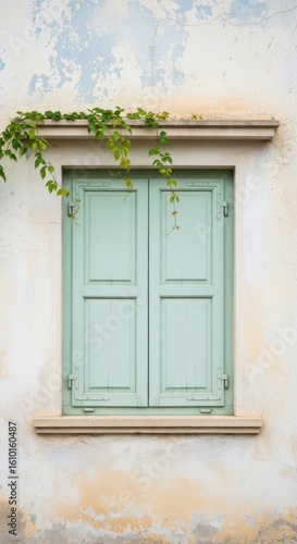 Photo of a weathered green shuttered window on an old  textured building facade with a climbing vine