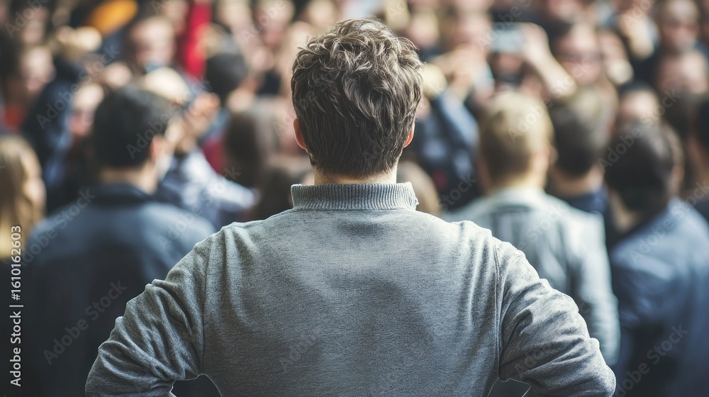 A person standing strong while being jeered at by a hostile audience A person standing strong while being jeered at by a hostile audience