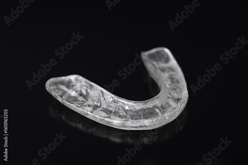 Clear night dental guard lying on black background. Used to prevent teeth grinding and protect enamel during sleep. Minimalist composition, oral health and hygiene concept.