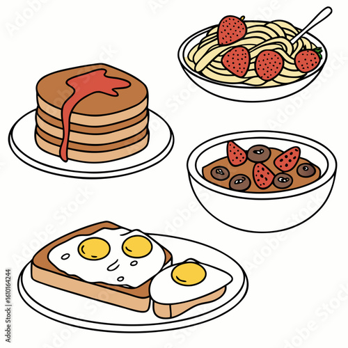 Breakfast foods with strawberries and eggs pancakes
