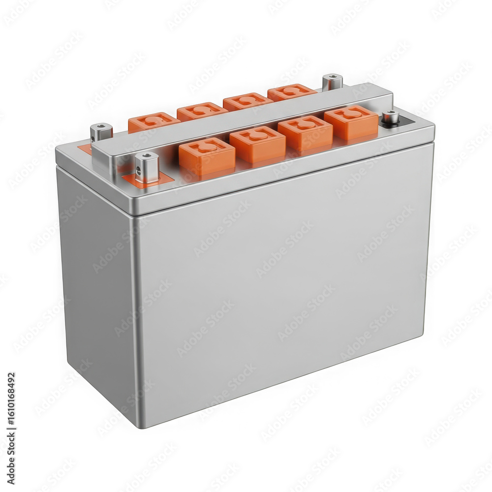 A silver car battery with orange terminals is isolated on a transparent background A silver car battery with orange terminals is isolated on a transparent background