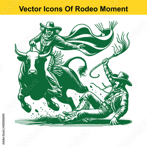 Rodeo Clown Saving Cowboy – Western Heroic Moment Vector