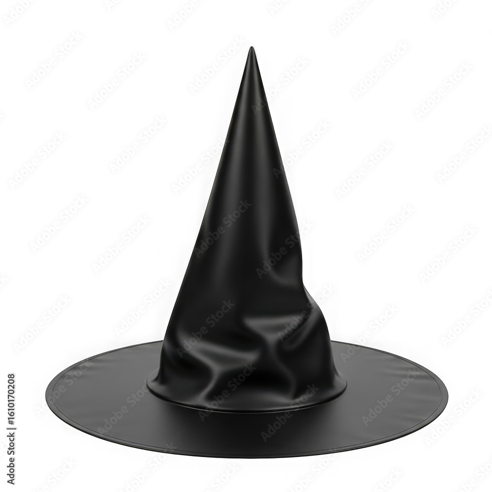 Fototapeta premium A classic black witch hat with a tall, pointed crown, isolated on transparent background