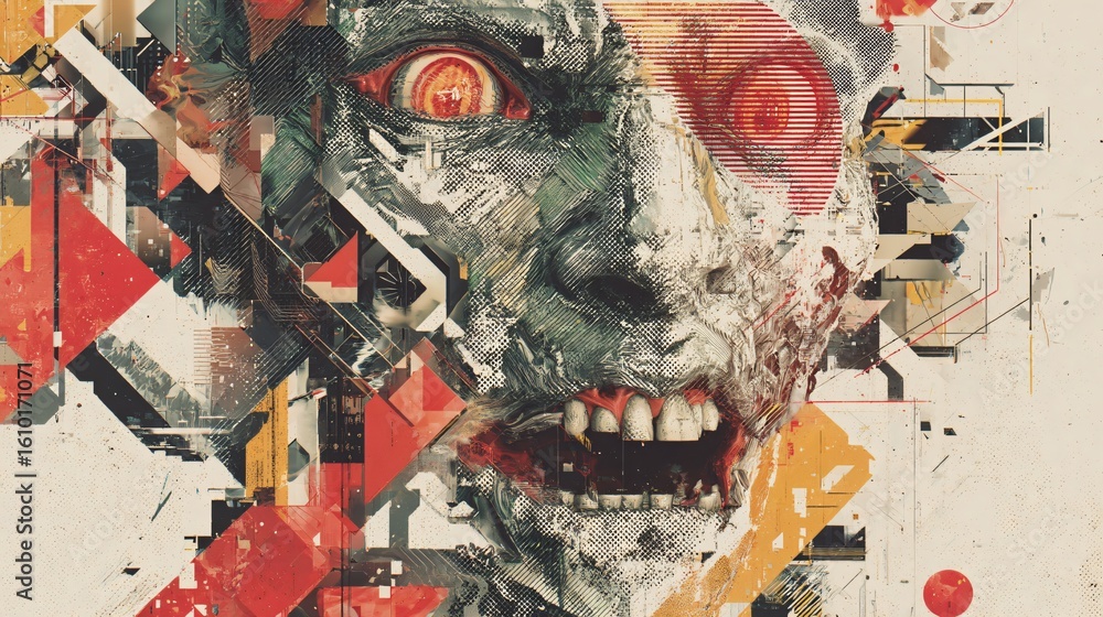 Fototapeta premium A digitally crafted image features a distorted and angry robotic face merged with a collage of geometric shapes to convey an unsettling mood