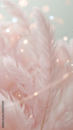 Soft focus pink feathers with subtle bokeh and glittering lights