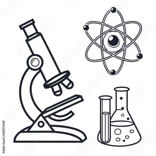 Microscope atom flasks science icons laboratory