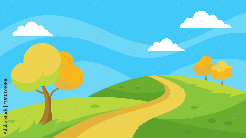 Obraz premium Cartoon landscape with trees road hills and blue sky