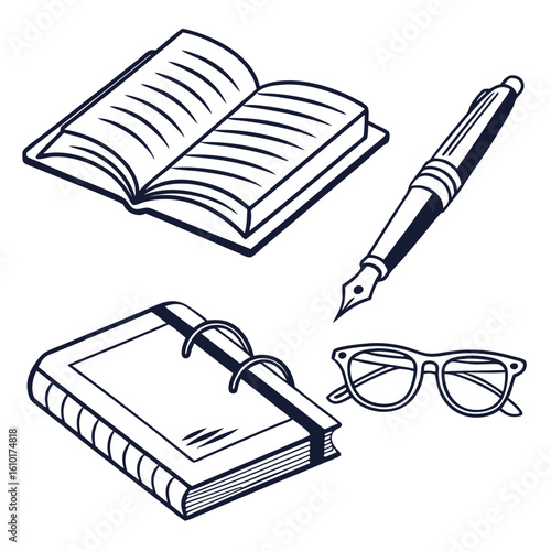Open book pen notepad glasses reading