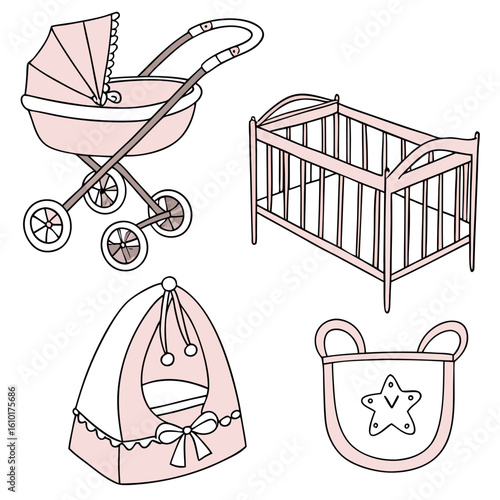 Pink baby stroller crib bassinet bib newborn