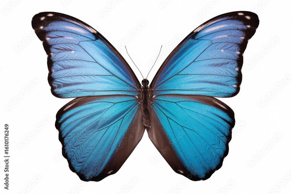 Obraz premium Vibrant blue morpho butterfly with intricate wing patterns on a white background