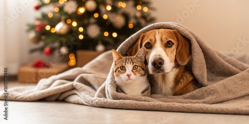 Adorable dog and cat together under blanket at room decorated for Christmas.