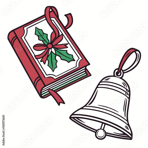 Red book with holly and bell christmas ribbon