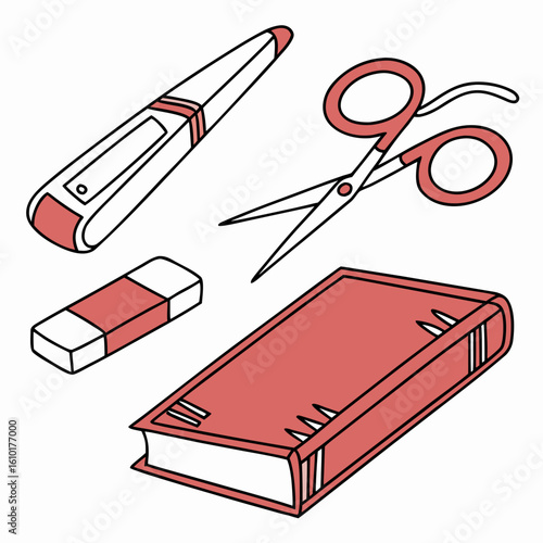 Red school supplies on white book scissors
