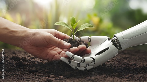 An AI robot hand and a human hand exchanging a tree sapling, symbolizing sustainability, innovation, and harmony between nature and technology for a green future and environment