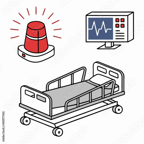 Red siren medical bed and heart monitor healthcare